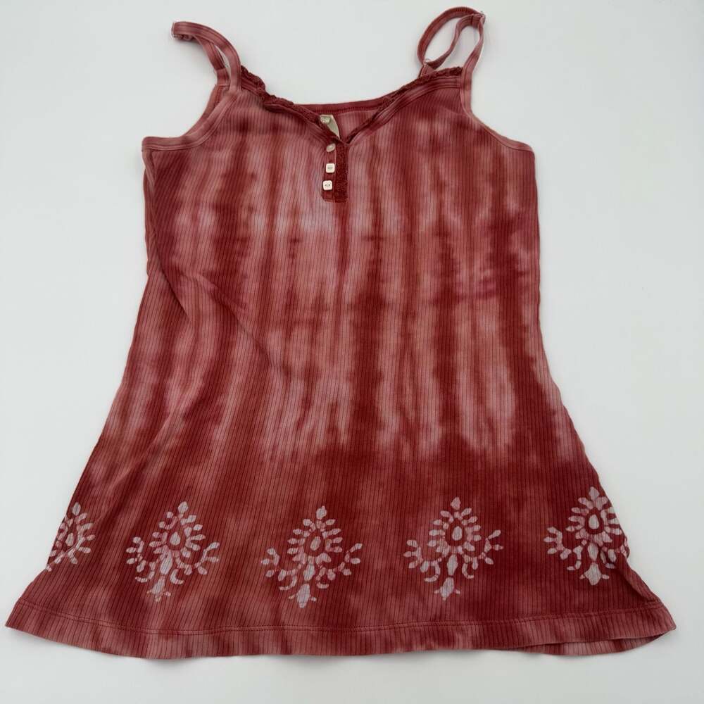 High Sierra Women XL Tie Dye Ribbed Henley Camisole Tank Top Boho Lace Trim Rose